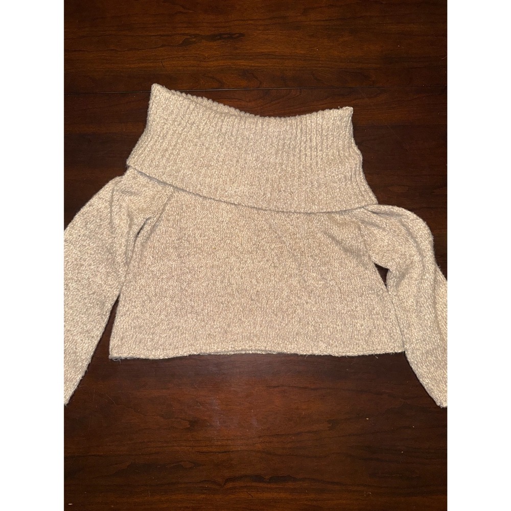 Aerie Womens XL Off The Shoulder Cropped Sweater Oatmeal Marl Knit Beige - Picture 2 of 4